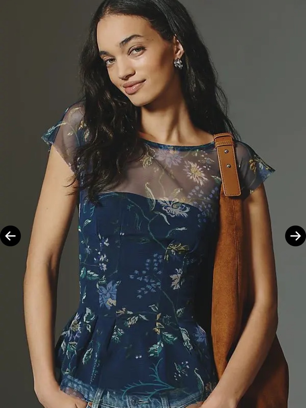 Anthropologie Floral Mesh Corset Peplum Top Navy Blue Size Medium